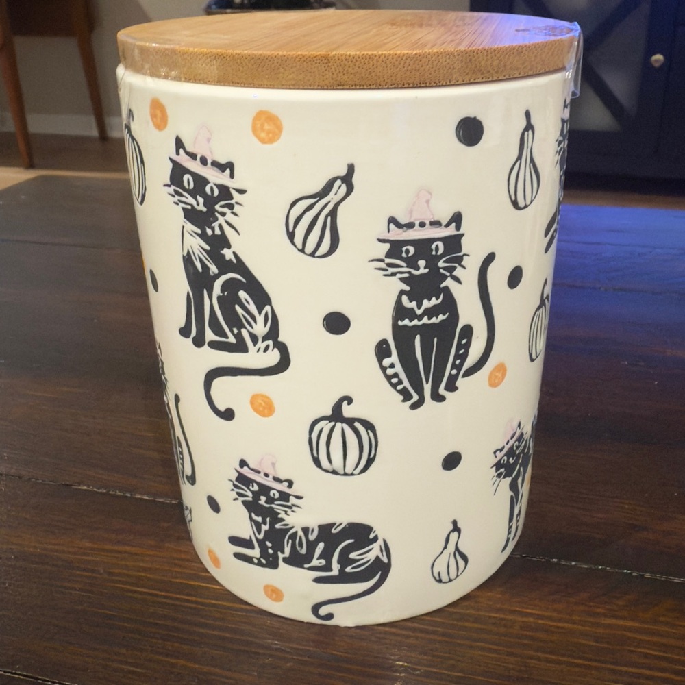 Potter’s Studio Black Cat Halloween Pumpkin 6” Canister Wood Lid Treat Jar New - Picture 2 of 7